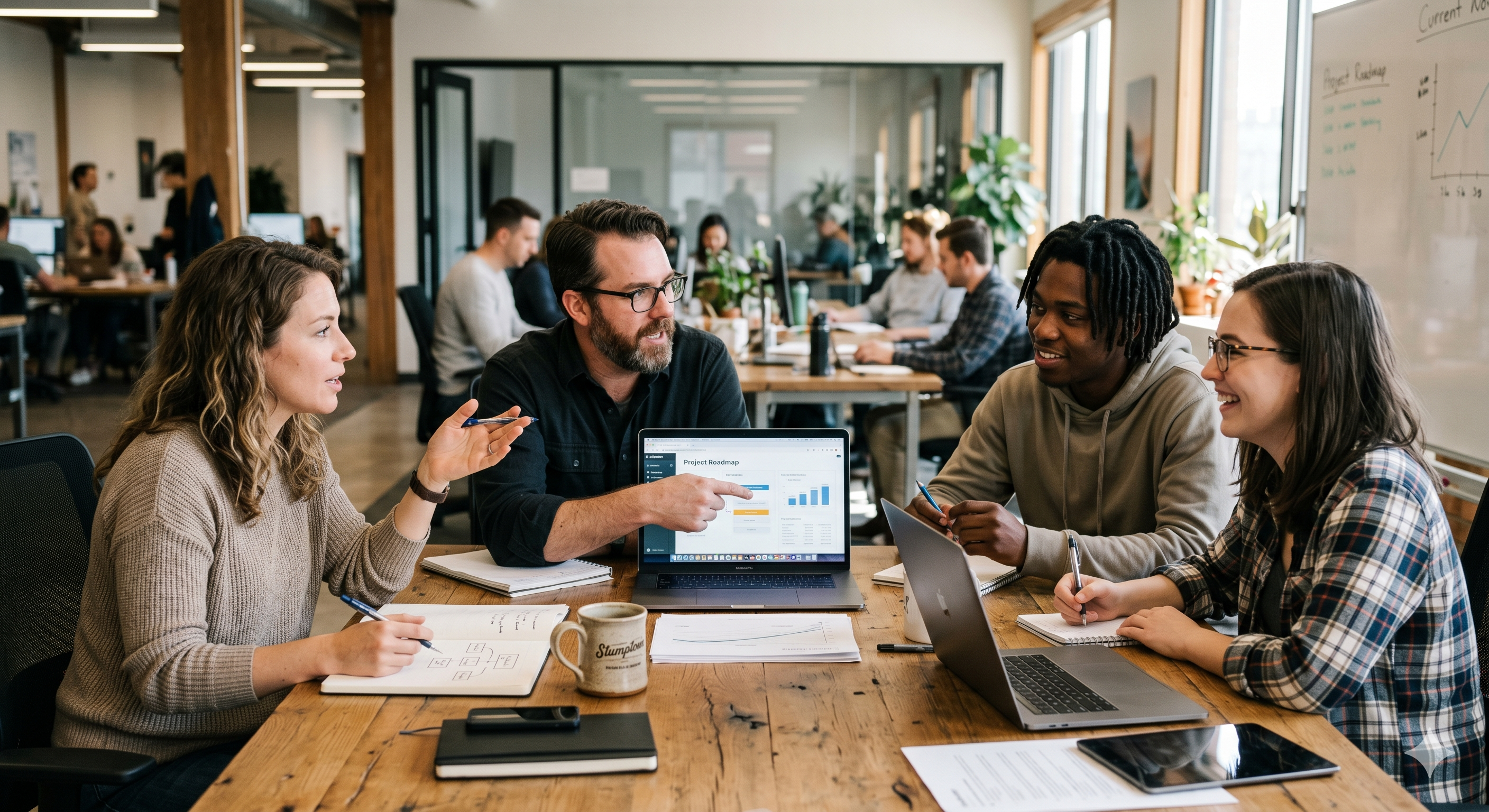 Team collaborating around a laptop in a modern office